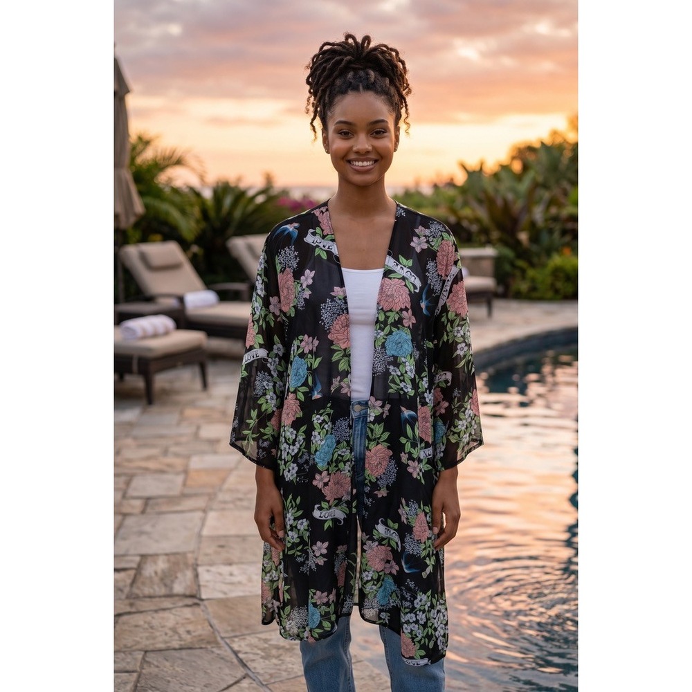 Womens Black Floral Tattoo Print Sheer Kimono Wrap Love Banner Bird Coverup